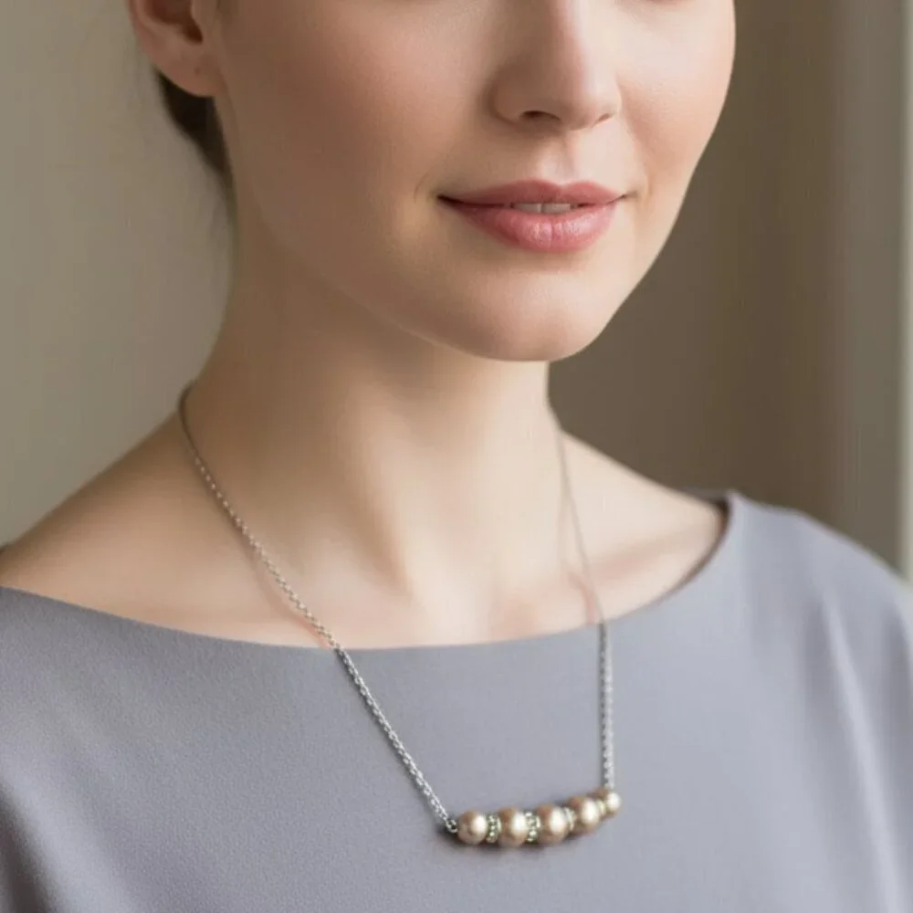 👑 Crown Trifari Champagne Faux Pearl Bar Necklace 👑